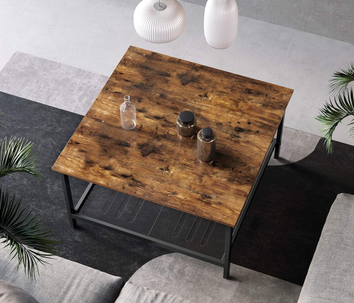 Masa de cafea patrata, cadru otel si polita de depozitare, stil industrial, 80x80x45cm, maro rustic si negru [3]