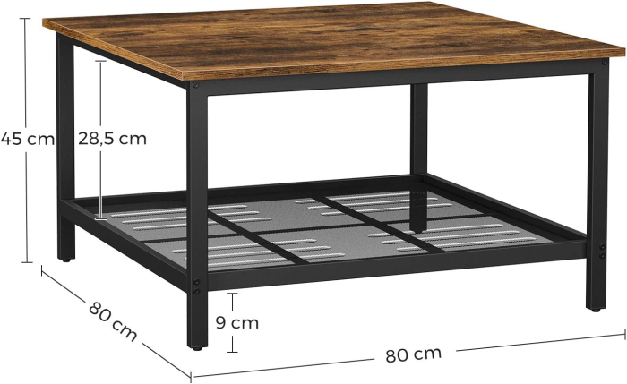 Masa de cafea patrata, cadru otel si polita de depozitare, stil industrial, 80x80x45cm, maro rustic si negru [4]