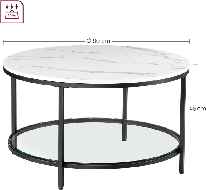 Masa de cafea rotunda cu blat din imitatie de marmura, polita suplimentara din sticla, 80x45cm, alb si negru [2]