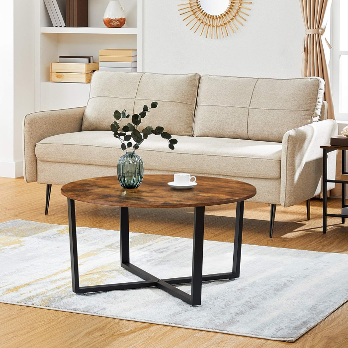 Masa de cafea rotunda, stil industrial, cadru metalic si blat lemn, 88x88x47cm, maro rustic si negru [3]