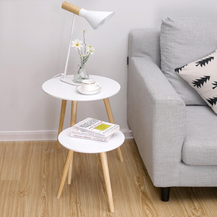 Masa de cafea, set de 2 bucati, picioare din lemn si blat MDF, design minimalist scandinav, 45x50cm si 35x35cm, alb [3]
