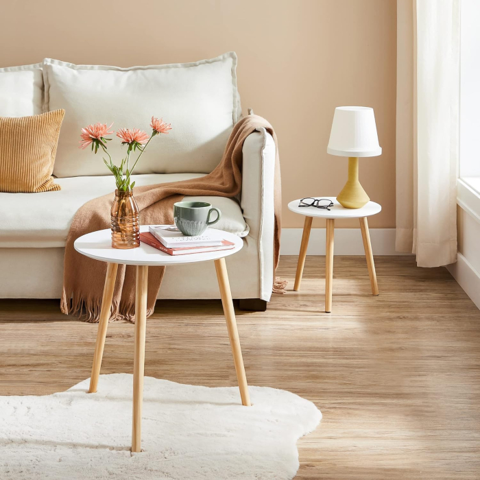 Masa de cafea, set de 2 bucati, picioare din lemn si blat MDF, design minimalist scandinav, 45x50cm si 35x35cm, alb [7]