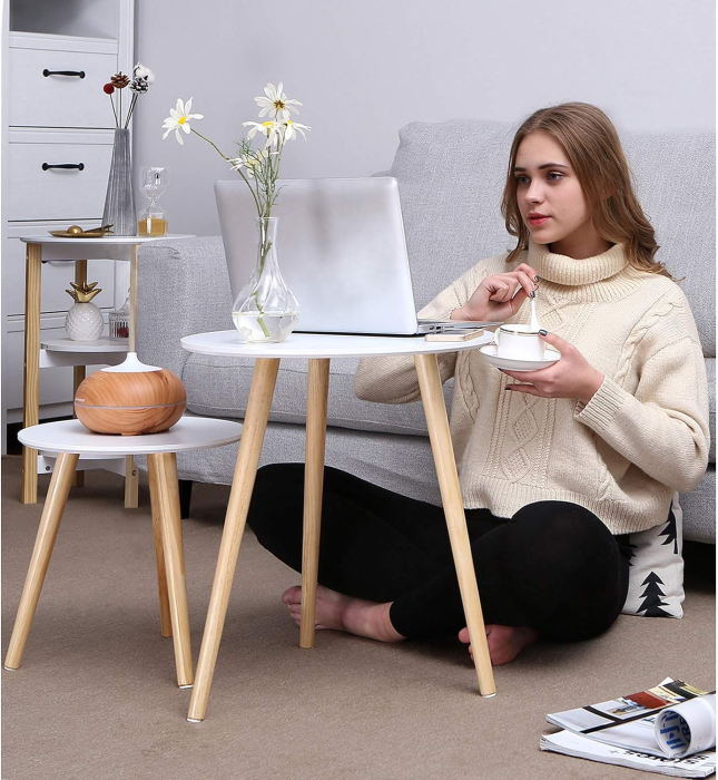 Masa de cafea, set de 2 bucati, picioare din lemn si blat MDF, design minimalist scandinav, 45x50cm si 35x35cm, alb [2]