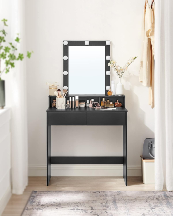 Masa de toaleta cu iluminare LED, cu oglinda, luminozitate reglabila, cu 2 sertare, 80x40x145cm, negru [10]