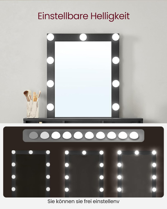 Masa de toaleta cu iluminare LED, cu oglinda, luminozitate reglabila, cu 2 sertare, 80x40x145cm, negru [2]
