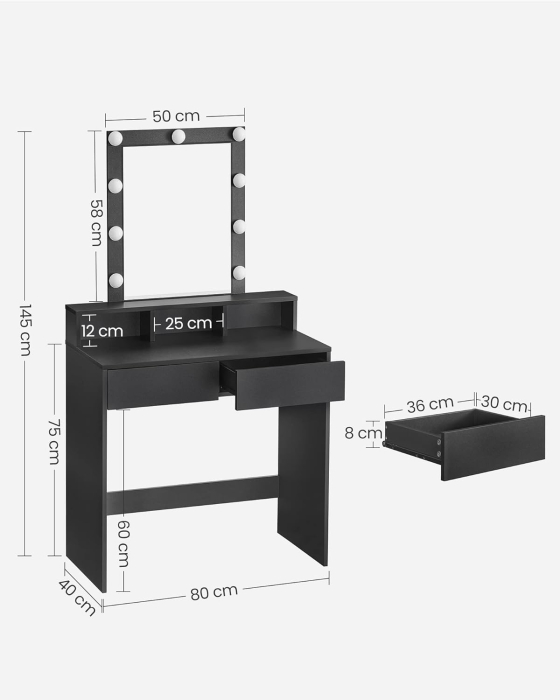 Masa de toaleta cu iluminare LED, cu oglinda, luminozitate reglabila, cu 2 sertare, 80x40x145cm, negru [5]