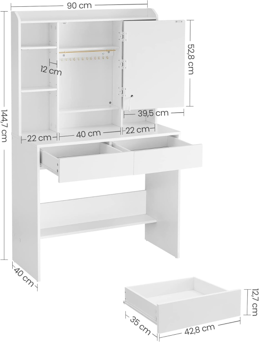 Masa de toaleta cu oglinda, iluminare LED reglabila, 2 sertare, 90x40x145cm, alb [5]