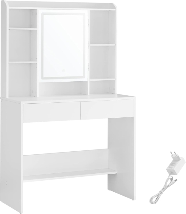 Masa de toaleta cu oglinda, iluminare LED reglabila, 2 sertare, 90x40x145cm, alb [1]