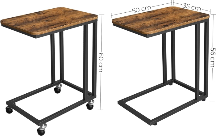 Masuta de cafea, cu cadru de otel si roti, 35x50x60cm, industrial, maro rustic si negru [2]
