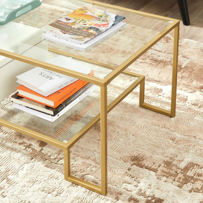 Masuta de cafea cu cadru din otel, suprafata din sticla calita, 100x55x45cm, auriu [4]