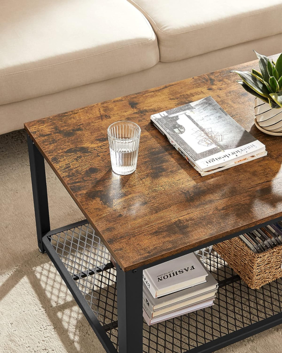 Masuta de cafea, cu cadru metalic, raft de depozitare, pentru living, 45x106x60cm, stil industrial, maro rustic [4]