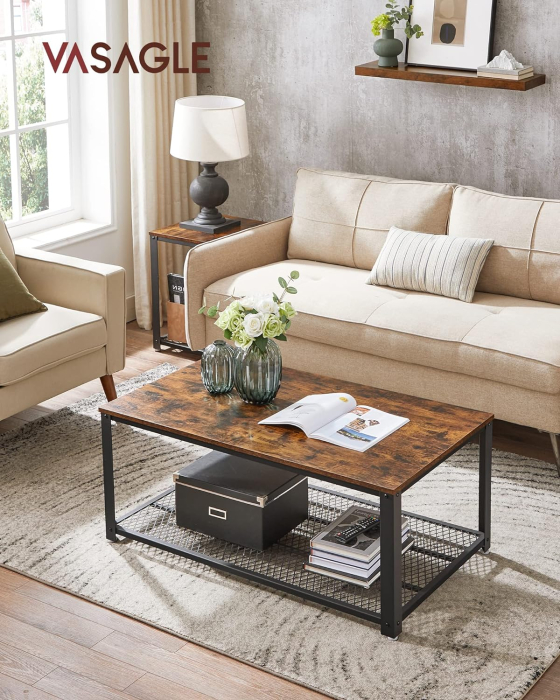 Masuta de cafea, cu cadru metalic, raft de depozitare, pentru living, 45x106x60cm, stil industrial, maro rustic [1]