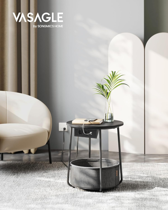 Masuta de cafea rotunda cu cos de stofa, statie de incarcare 2 prize si 2 USB, 45x50cm, negru [2]