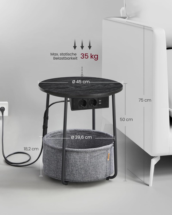 Masuta de cafea rotunda cu cos de stofa, statie de incarcare 2 prize si 2 USB, 45x50cm, negru [3]