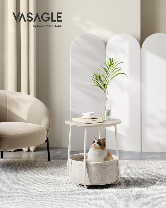 Masuta de cafea rotunda cu cos de stofa, stil modern, 45x50cm, bej [5]