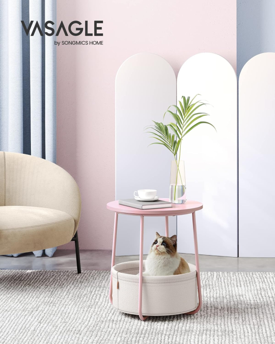 Masuta de cafea rotunda cu cos de stofa, stil modern, 45x50cm, roz cu bej [4]