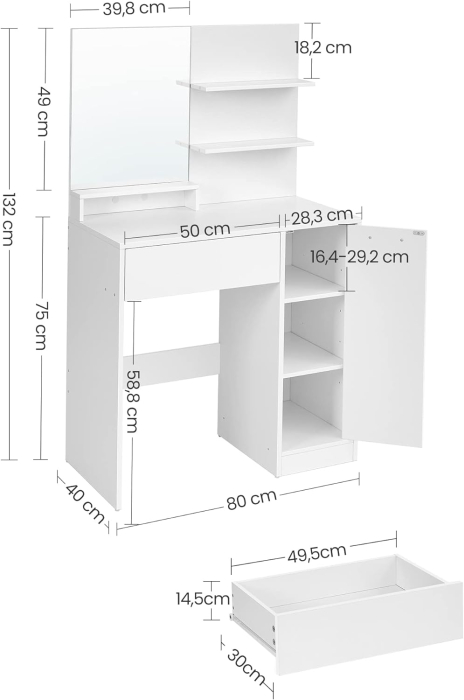 Masuta de toaleta cu oglinda, dulap si sertar pentru cosmetice, 80x40x132cm, alb [5]