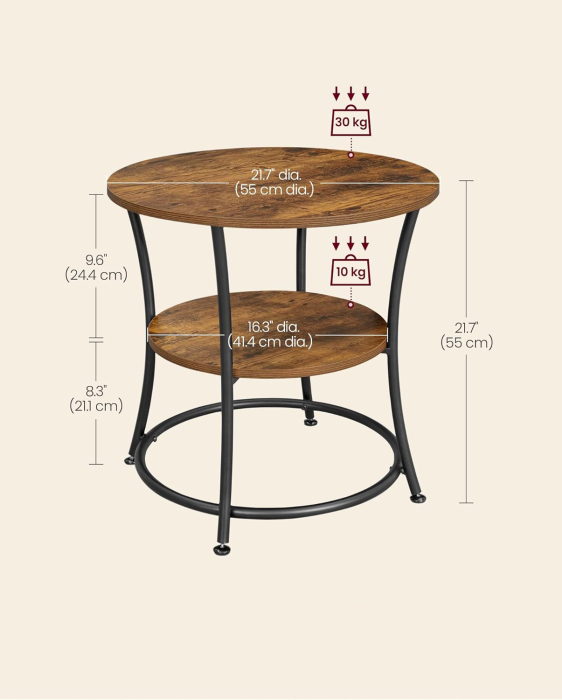 Masuta laterala rotunda, tip noptiera, cu 2 rafturi, cadru de otel, 55x55cm, maro rustic [9]