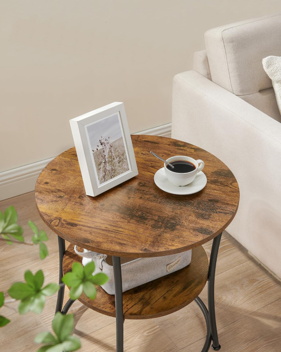 Masuta laterala rotunda, tip noptiera, cu 2 rafturi, cadru de otel, 55x55cm, maro rustic [2]