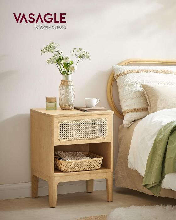 Noptiera 45x40x60 cm, cu sertar aspect ratan si raft, stil boho, PAL si MDF, natur [8]