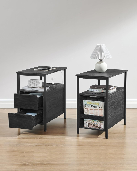 Noptiera 60x35x61 cm, cu 2 sertare, rafturi si priza incorporata, PAL si otel, gri antracit si negru [7]