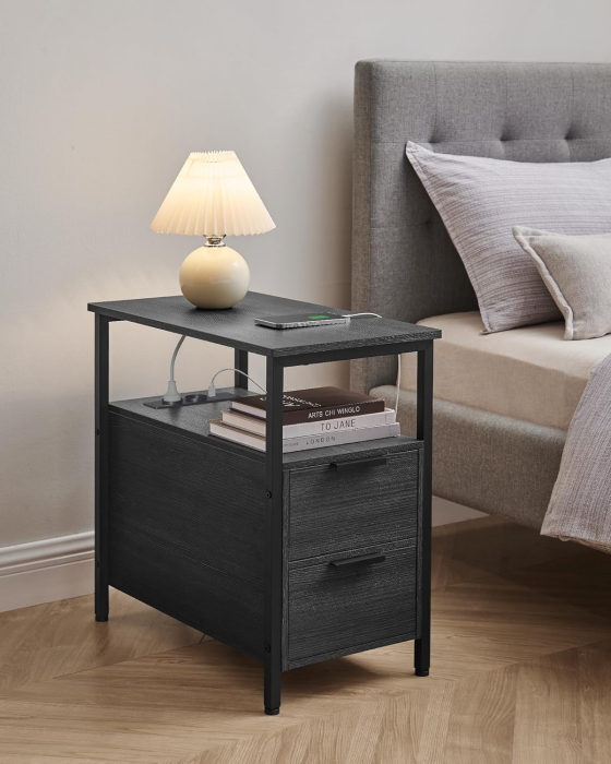 Noptiera 60x35x61 cm, cu 2 sertare, rafturi si priza incorporata, PAL si otel, gri antracit si negru [5]