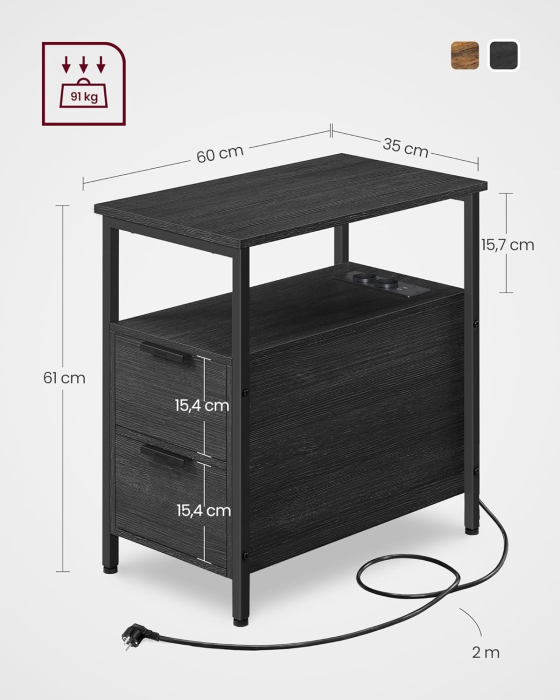 Noptiera 60x35x61 cm, cu 2 sertare, rafturi si priza incorporata, PAL si otel, gri antracit si negru [3]