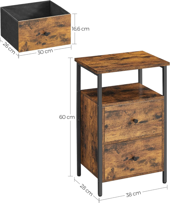 Noptiera cu 2 sertare pentru dormitor, design industrial, 28x38x60cm, maro si negru [2]