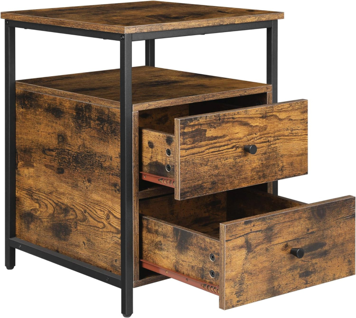 Noptiera cu compartiment deschis, 2 sertare, stil industrial, 45x45x60cm, maro rustic si negru [4]