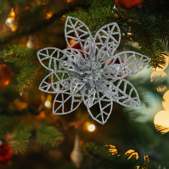 Ornament de Crăciun - cu cleme - floare cu sclipici - argintiu - 3 buc/pachet [1]