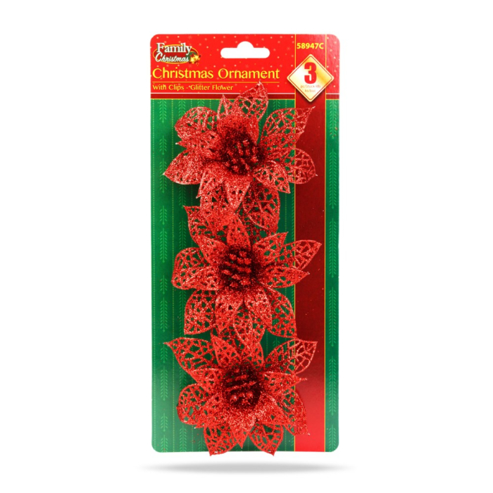 Ornament de Crăciun - cu cleme - floare cu sclipici - roșu - 3 buc/pachet [2]