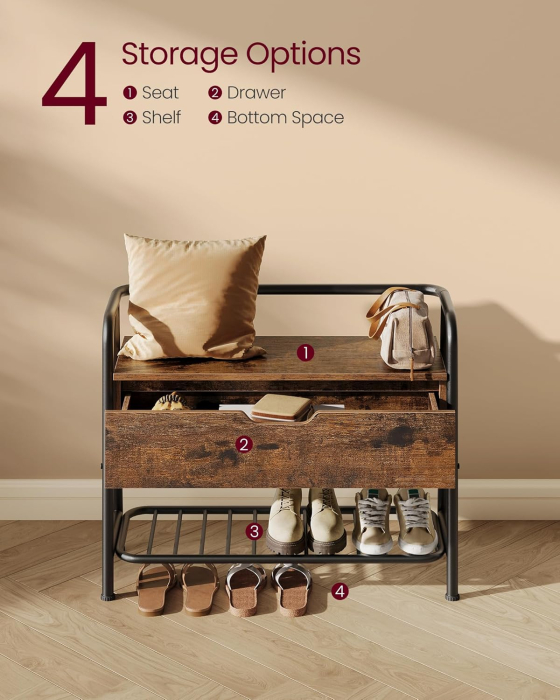 Pantofar cu banca de depozitare, raft si sertar, stil industrial, 30x80x64 cm, maro rustic [5]