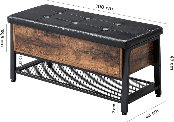 Pantofar de lemn cu spatiu de depozitare tip banca, cu sezut captusit si polita depozitare, stil industrial, 100x40x47cm, maro rustic si negru [3]