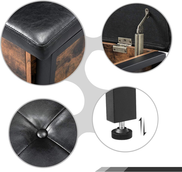 Pantofar de lemn cu spatiu de depozitare tip banca, cu sezut captusit si polita depozitare, stil industrial, 100x40x47cm, maro rustic si negru [6]
