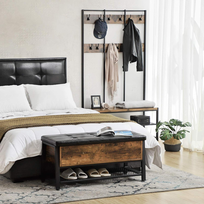 Pantofar de lemn cu spatiu de depozitare tip banca, cu sezut captusit si polita depozitare, stil industrial, 100x40x47cm, maro rustic si negru [2]