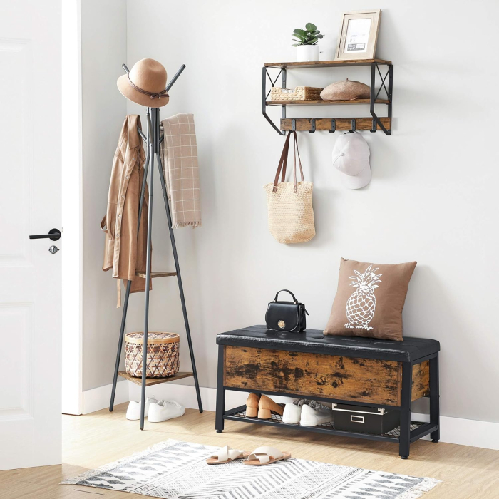 Pantofar de lemn cu spatiu de depozitare tip banca, cu sezut captusit si polita depozitare, stil industrial, 100x40x47cm, maro rustic si negru [11]