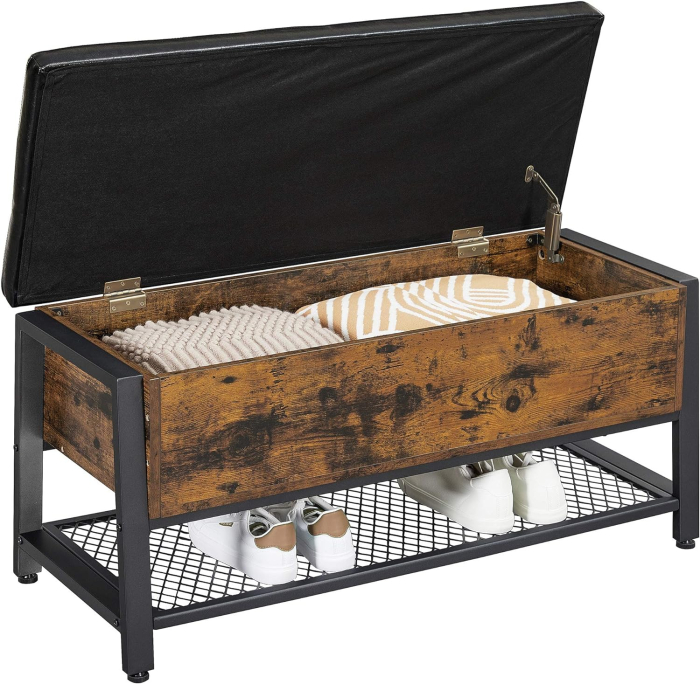 Pantofar de lemn cu spatiu de depozitare tip banca, cu sezut captusit si polita depozitare, stil industrial, 100x40x47cm, maro rustic si negru [10]