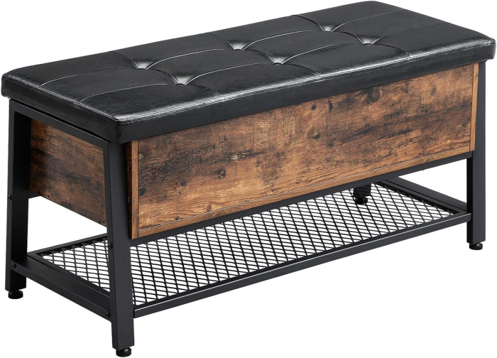 Pantofar de lemn cu spatiu de depozitare tip banca, cu sezut captusit si polita depozitare, stil industrial, 100x40x47cm, maro rustic si negru [7]