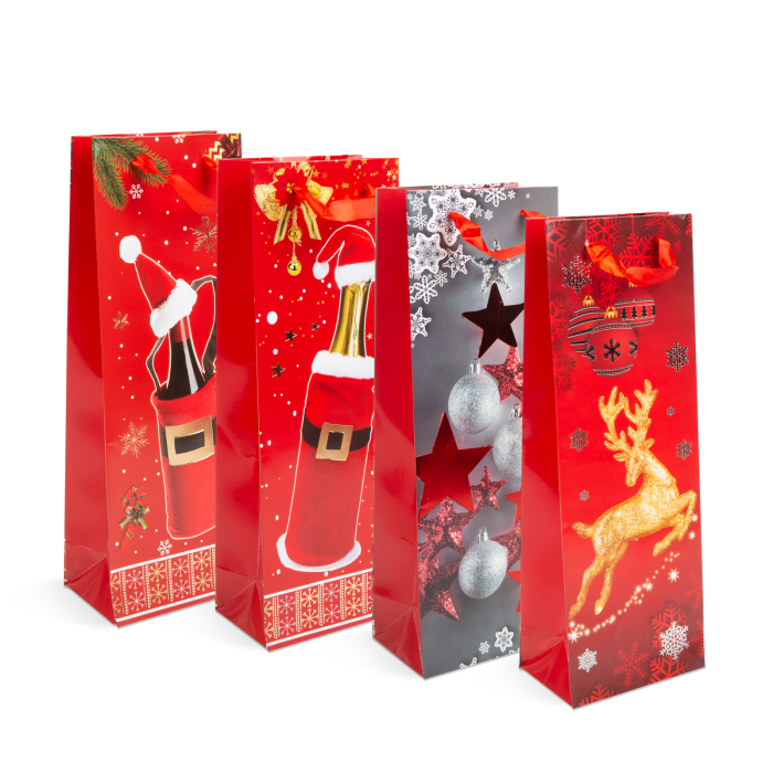 Pungă cadou pentru sticle - hartie, Craciun - 360 x 127 x 83 mm - 4 tipuri / pachet [1]