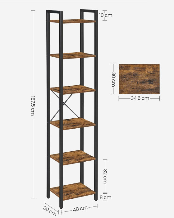 Raft cu 6 etaje, tip biblioteca, cadru metal si polite lemn, 30x40x187cm, industrial, maro rustic si negru [2]