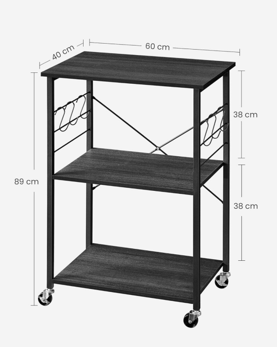 Raft de bucatarie pe roti, carucior de servire cu 3 rafturi, cadru metalic, 40x60x89 cm, design industrial, negru [7]