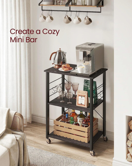 Raft de bucatarie pe roti, carucior de servire cu 3 rafturi, cadru metalic, 40x60x89 cm, design industrial, negru [3]