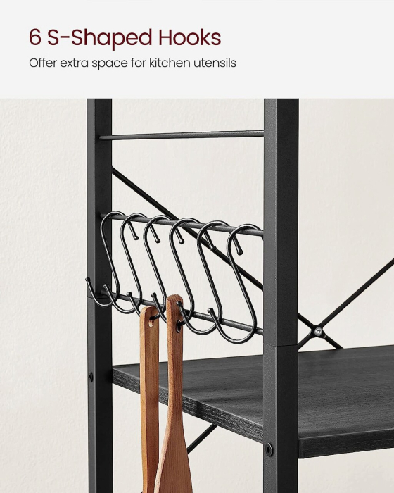 Raft de bucatarie pe roti, carucior de servire cu 3 rafturi, cadru metalic, 40x60x89 cm, design industrial, negru [6]