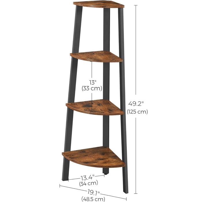 Raft de colt cu 4 etaje, tip biblioteca, cadru metal si polite lemn, industrial, 34x34x125cm, maro rustic [7]