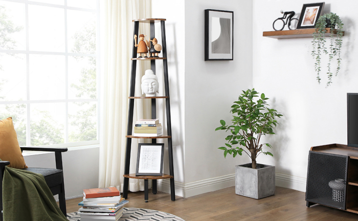 Raft de colt cu 5 etaje, tip biblioteca, cadru metal si polite lemn, 33x34x159cm, industrial, maro rustic si negru [6]