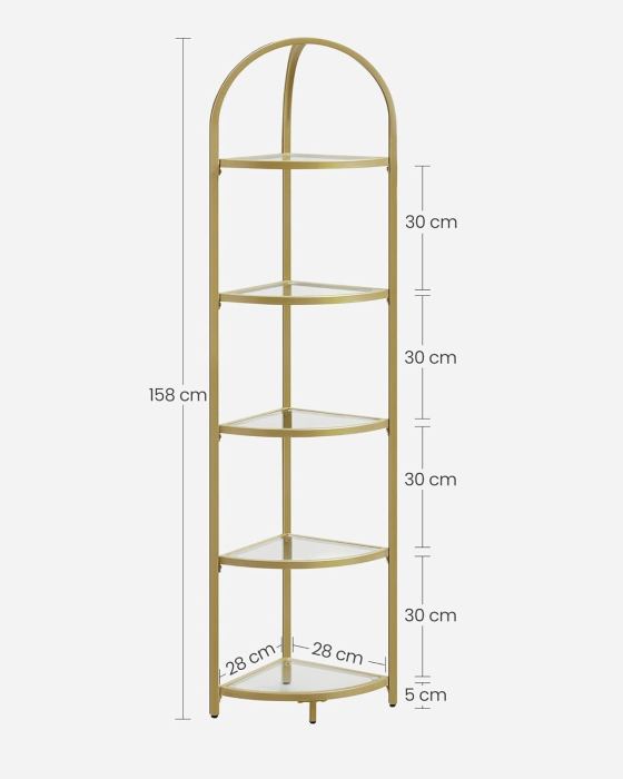 Raft de colt cu trepte pentru dormior, 5 etaje, din sticla securizata, cadru din otel, 28x28x158cm, auriu [4]