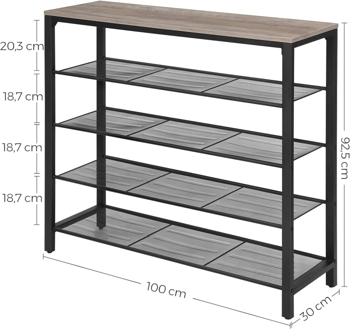 Raft de pantofi metalic, cu 4 nivele plus polita superioara, stil industrial, 100x30x93cm, gri si negru [3]