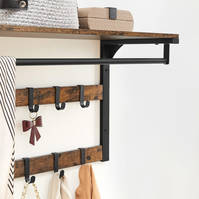 Raft de perete tip cuier, 10 carlige detasabile, sina pentru haine, 30x65x42cm, maro rustic si negru [7]
