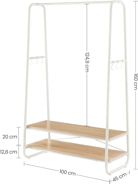 Raft pentru haine cu suport pentru pantofi, 2 polite, 6 carlige laterale, 45x100x160cm, alb-crem [8]