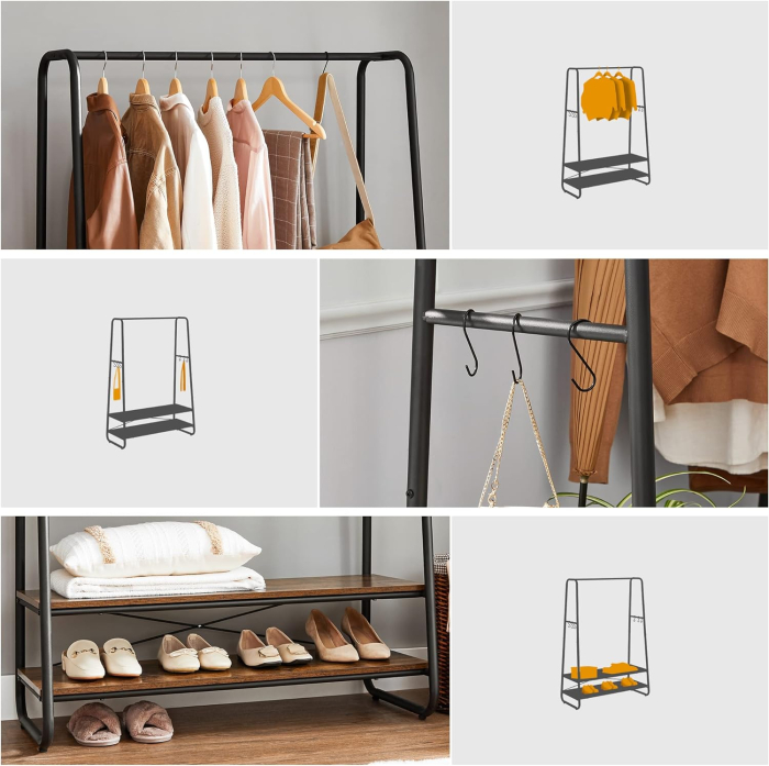 Raft pentru haine cu suport pentru pantofi, 2 polite, 6 carlige laterale, 45x100x160cm, maro rustic [5]